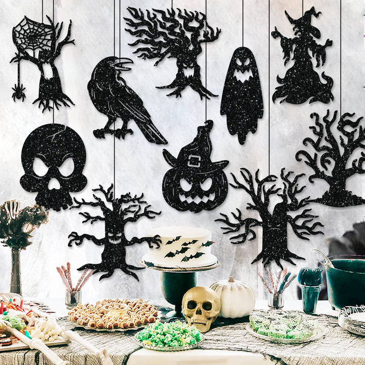 Multi-Part Hanging Halloween Decoration Set with Glitter Silhouettes