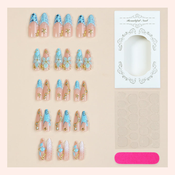 Premium Artistic Press-On Nail Set with Decorative Ocean-Inspired Designs Kalsten