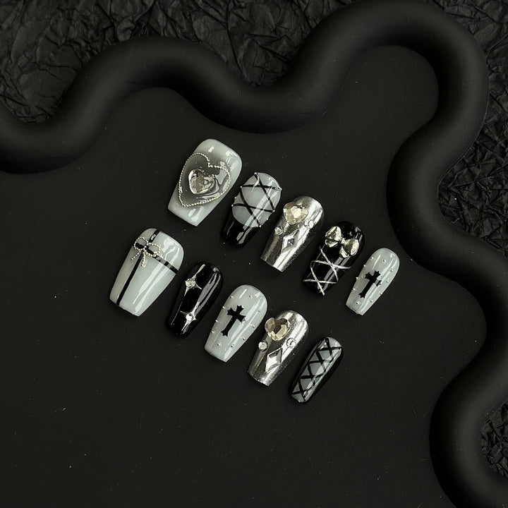 Artistic Press-On Nail Art Set with Unique Gothic and Decorative Design