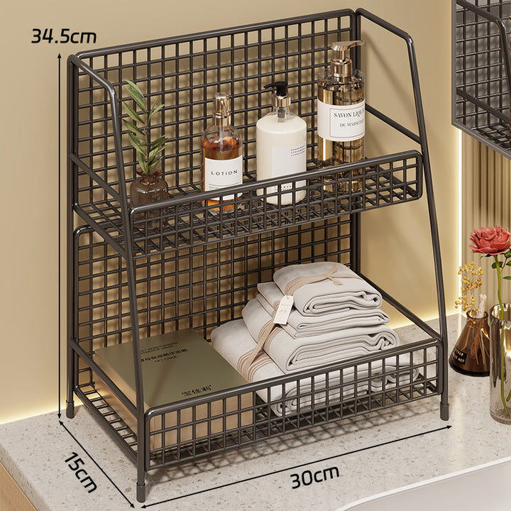 Multi-Tier Wire Grid Countertop Organizer with Angled Frame and Ventilated Mesh Shelves