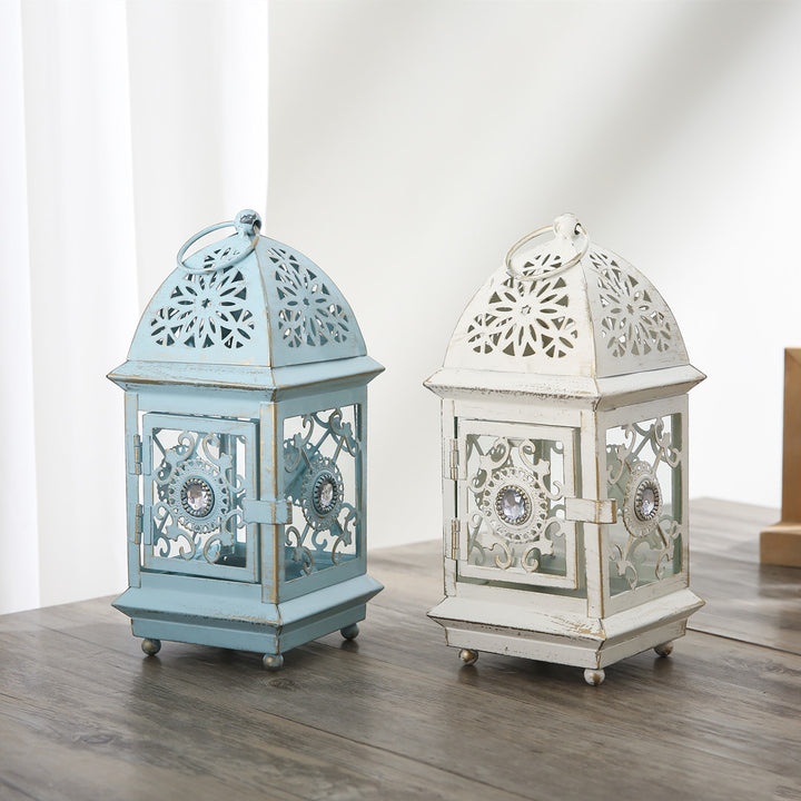 Antique-Style Decorative Metal Glass Candle Lantern with Filigree Cutouts and Hanging Ring Kalsten