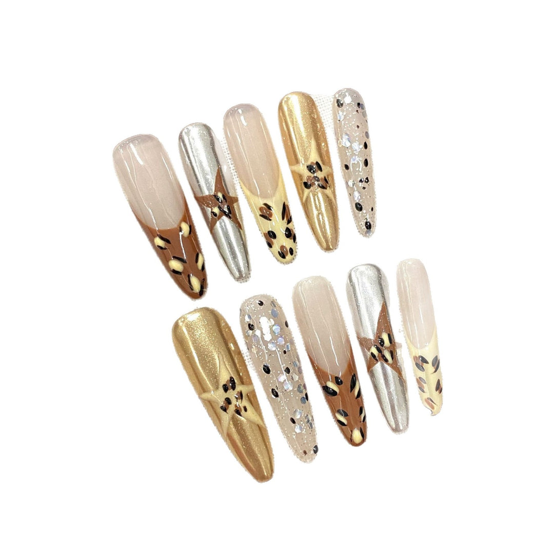 Artistic Press-On Nail Design Set with Metallic and Glitter Accents