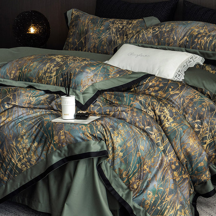 Luxurious bedding set made of cotton satin with delicate grass print and satin hem