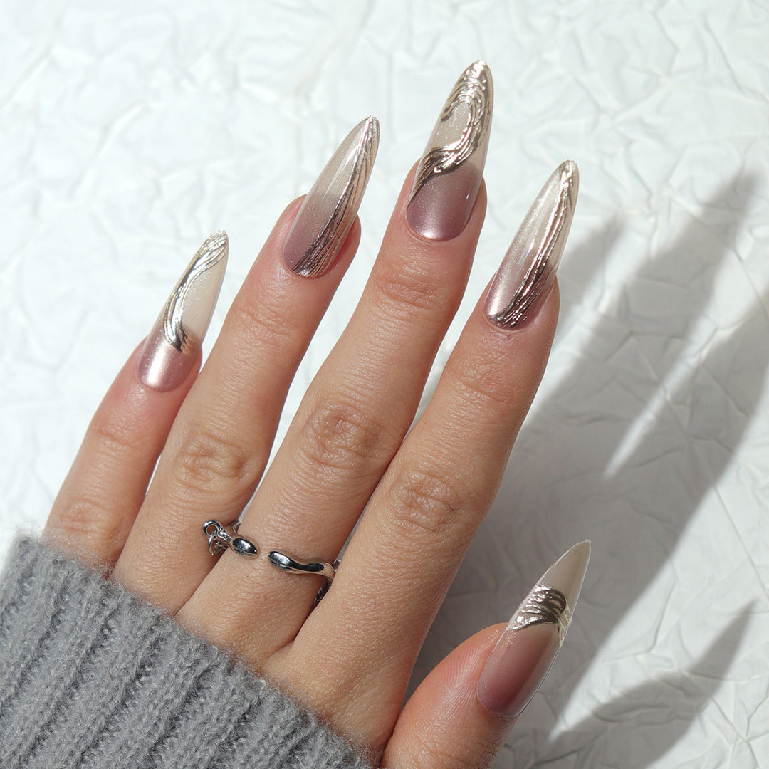 Elegant Long Stiletto Press-On Nails with Metallic Finish Kalsten