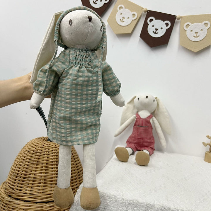 Handmade Linen Bunny Doll with Long Ears and Gingham Overalls