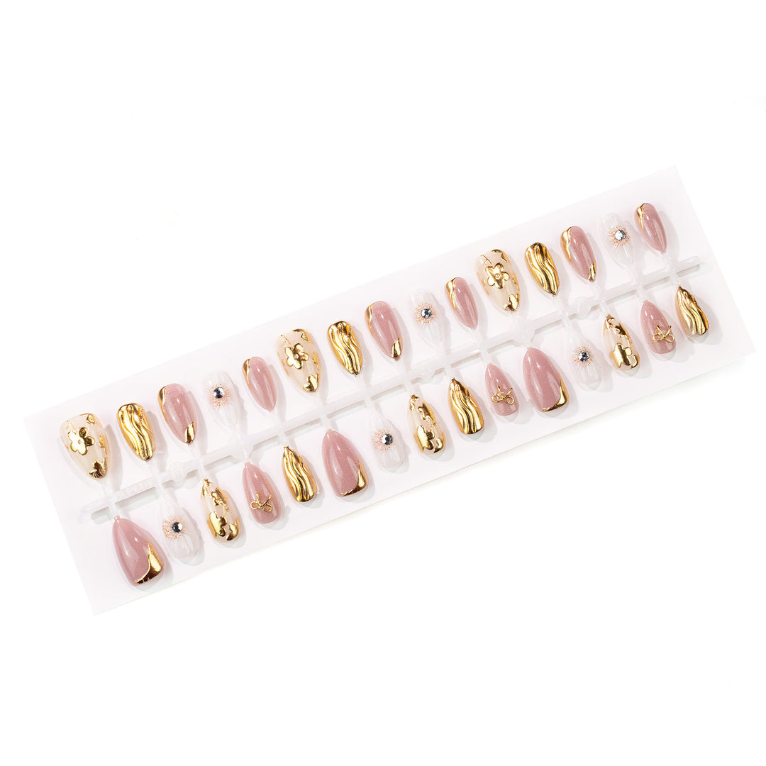 Decorative Press-On Nail Set with Gold Accents