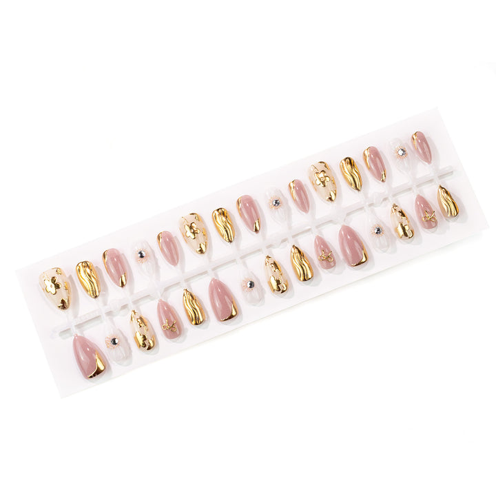 Decorative Press-On Nail Set with Gold Accents