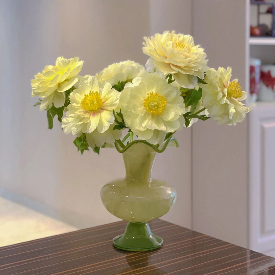 Handblown Fluted Pedestal Art Glass Trumpet Vase Kalsten