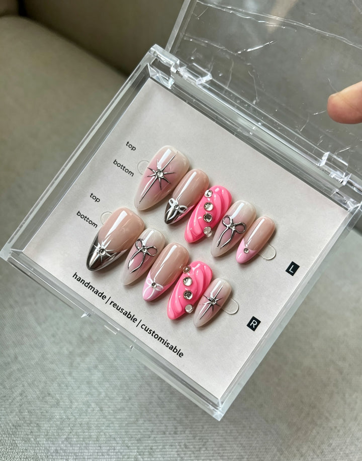Artistic Press-On Nail Art Set with Gem Details
