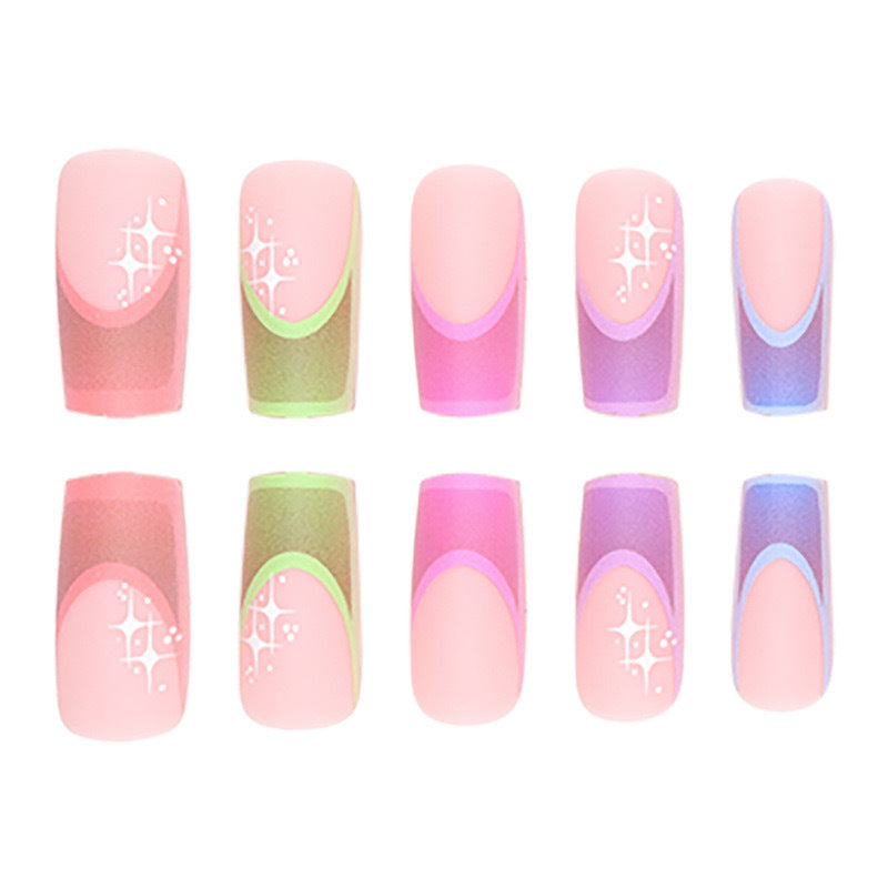 Acrylic nail set with colorful geometric designs and glitter accents Kalsten