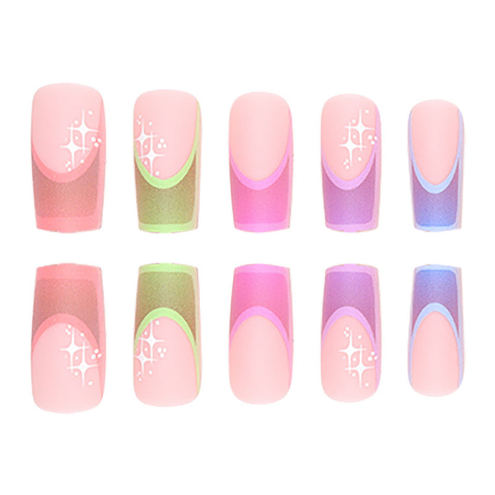 Acrylic nail set with colorful geometric designs and glitter accents Kalsten