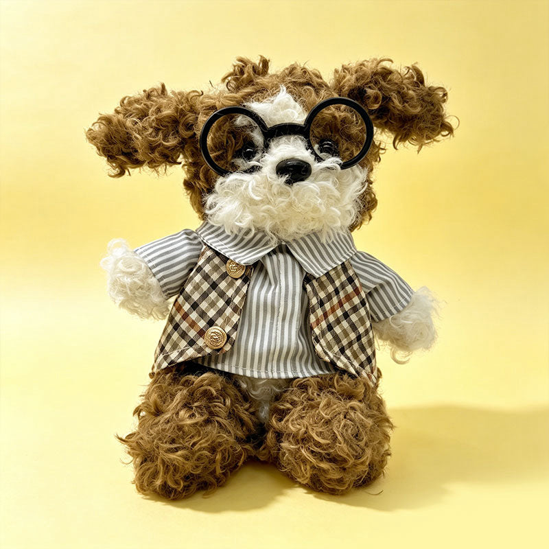 Curly-Fur Sitting Puppy Plush with Round Glasses & Plaid 'LOVE' Bandana Kalsten