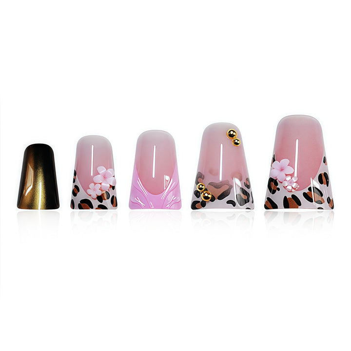 Decorative Press-On Nail Art with Floral and Leopard Accents Kalsten