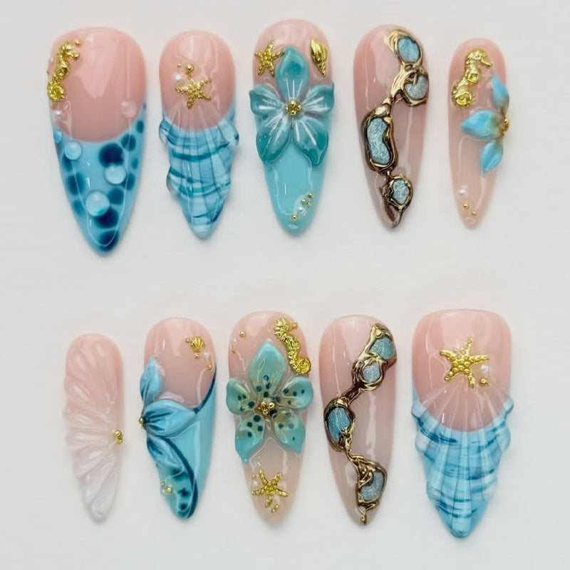 Premium Artistic Press-On Nail Set with Decorative Ocean-Inspired Designs Kalsten