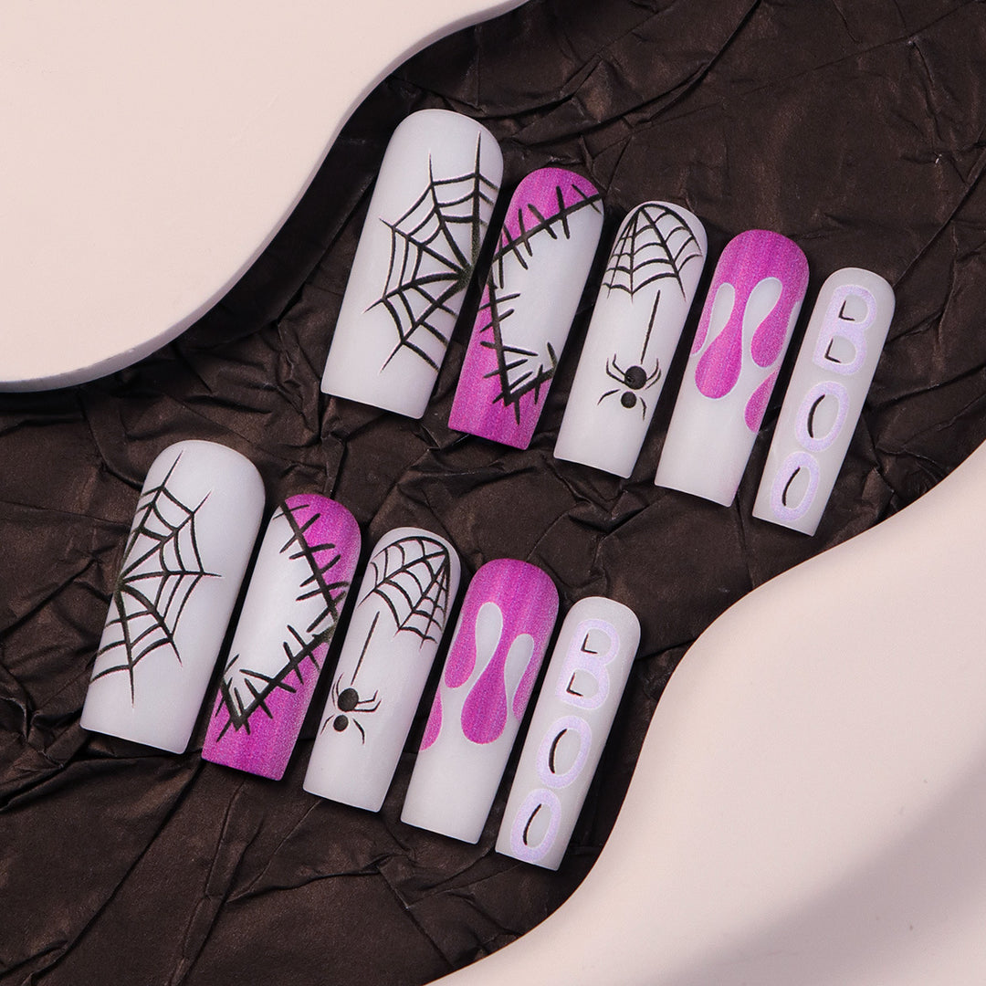 Halloween-Themed Long Press-On Nails with Spider and Drip Design Kalsten