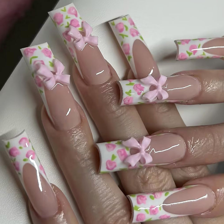 Floral Bow-Design Long Press-On Nails Kalsten