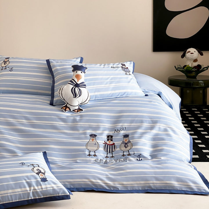 Maritime cotton satin bedding set with embroidered seagull motifs and fine stripe pattern