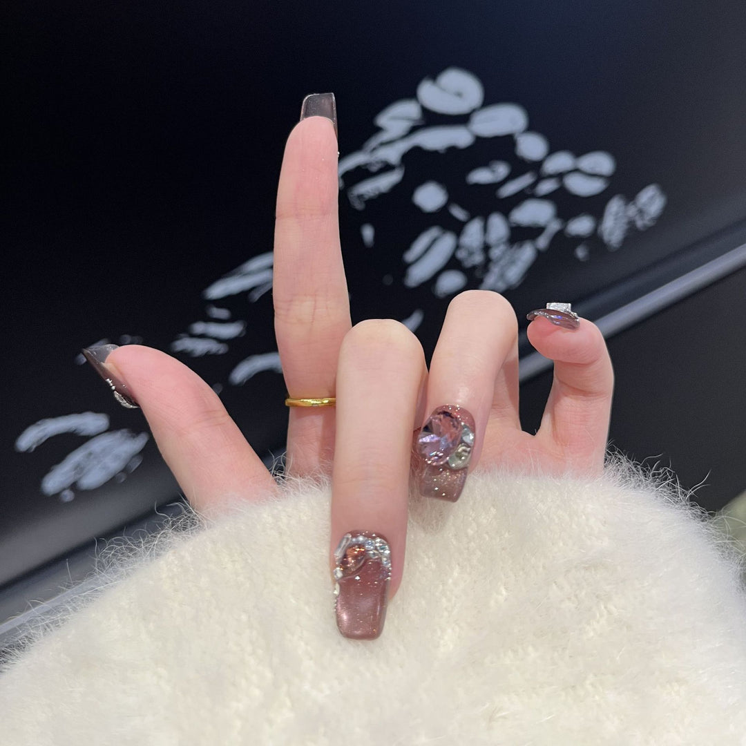 Decorative Press-On Nail Design with Gemstone Accents Kalsten