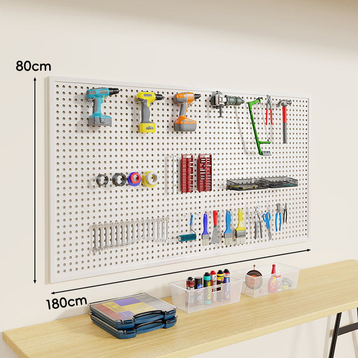 Wall-Mounted Perforated Metal Tool Pegboard Organizer Panel with Modular Hooks and Wire Baskets