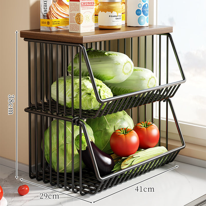 Countertop Wooden-Top Metal Wire Produce Storage Basket with Front-Tilt Access