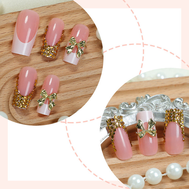 Decorative Press-On Nail Art Set with Elegant Bow and Gem Accents kalsten
