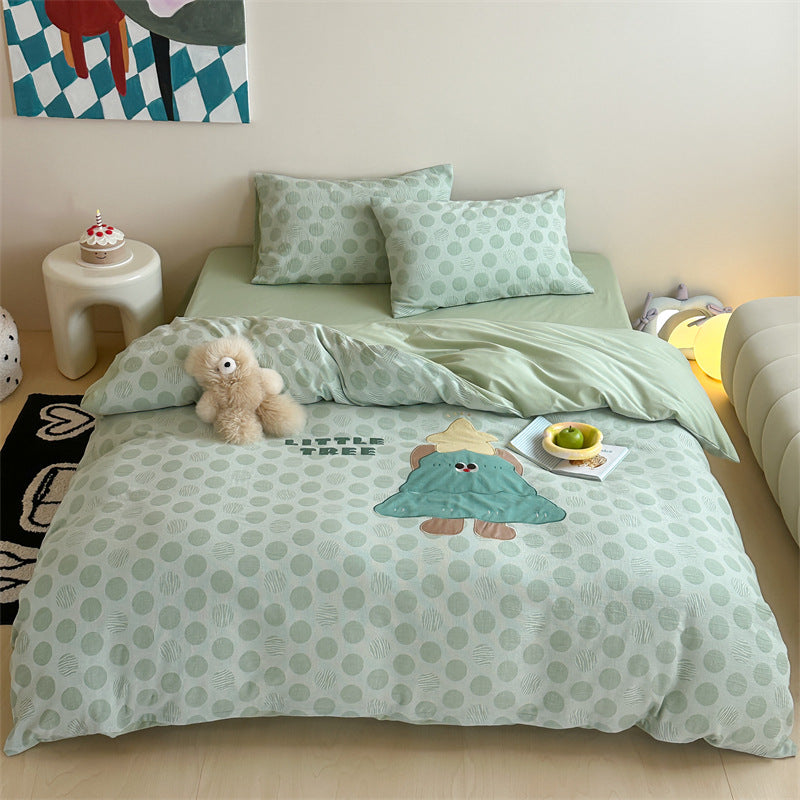 Cotton bed linen set with bunny appliqué and subtle dot jacquard