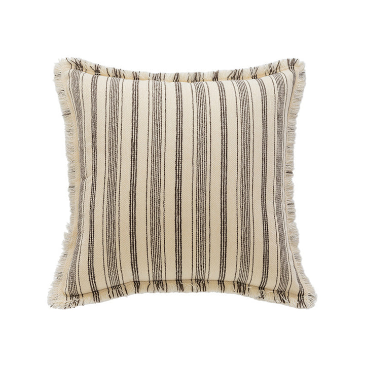 Striped Coastal-Inspired Cotton Square Pillow Cover with Fringed Edge and Concealed Zip