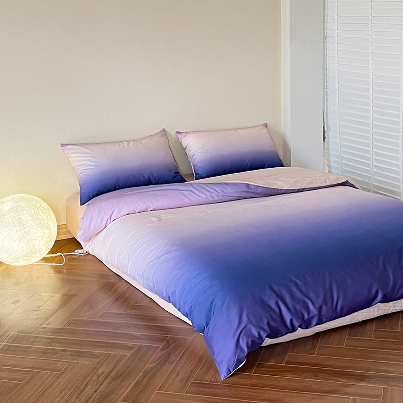 Reversible cotton satin bedding set with a gentle color gradient, wrinkle-free finish, and zipper