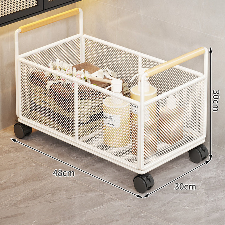 Rectangular Metal Mesh Countertop Storage Basket with Wooden Carry Handles