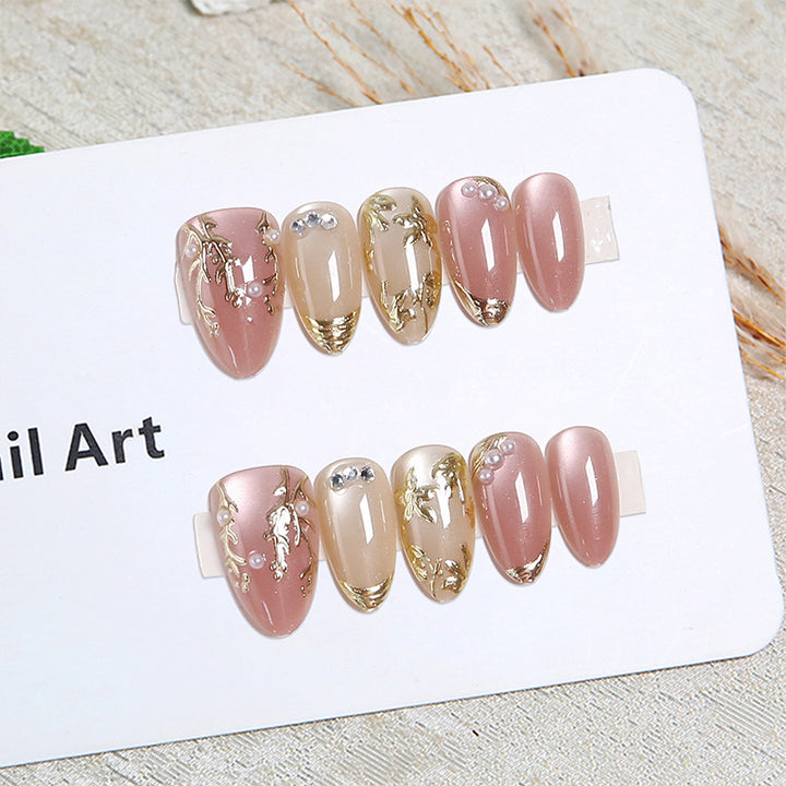 Artificial Nail Set with Elegant Gold Accent and Rhinestone Decorations Kalsten