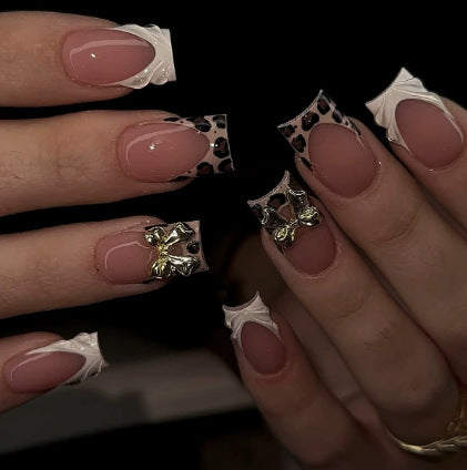 Artistic Premium Leopard and Bow-Embellished Press-On Nail Tips Kalsten