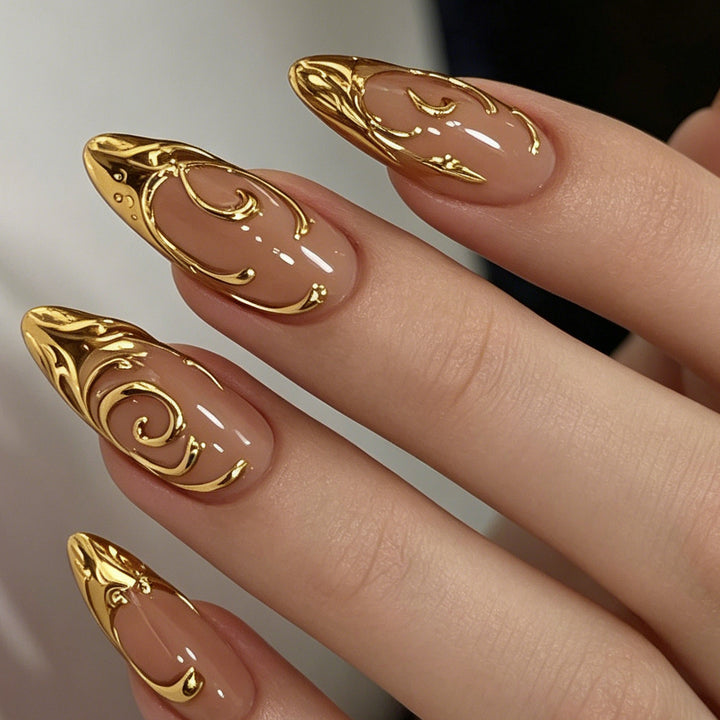 Elegant Gold Accented Press-On Nail Art Kalsten