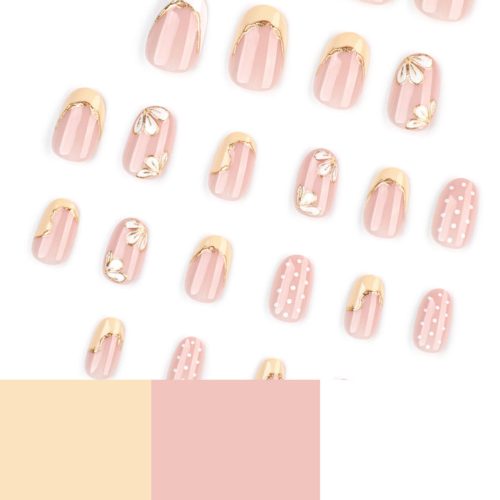 Artful Nail Extensions with Floral Design and Elegant Gold Accents Kalsten