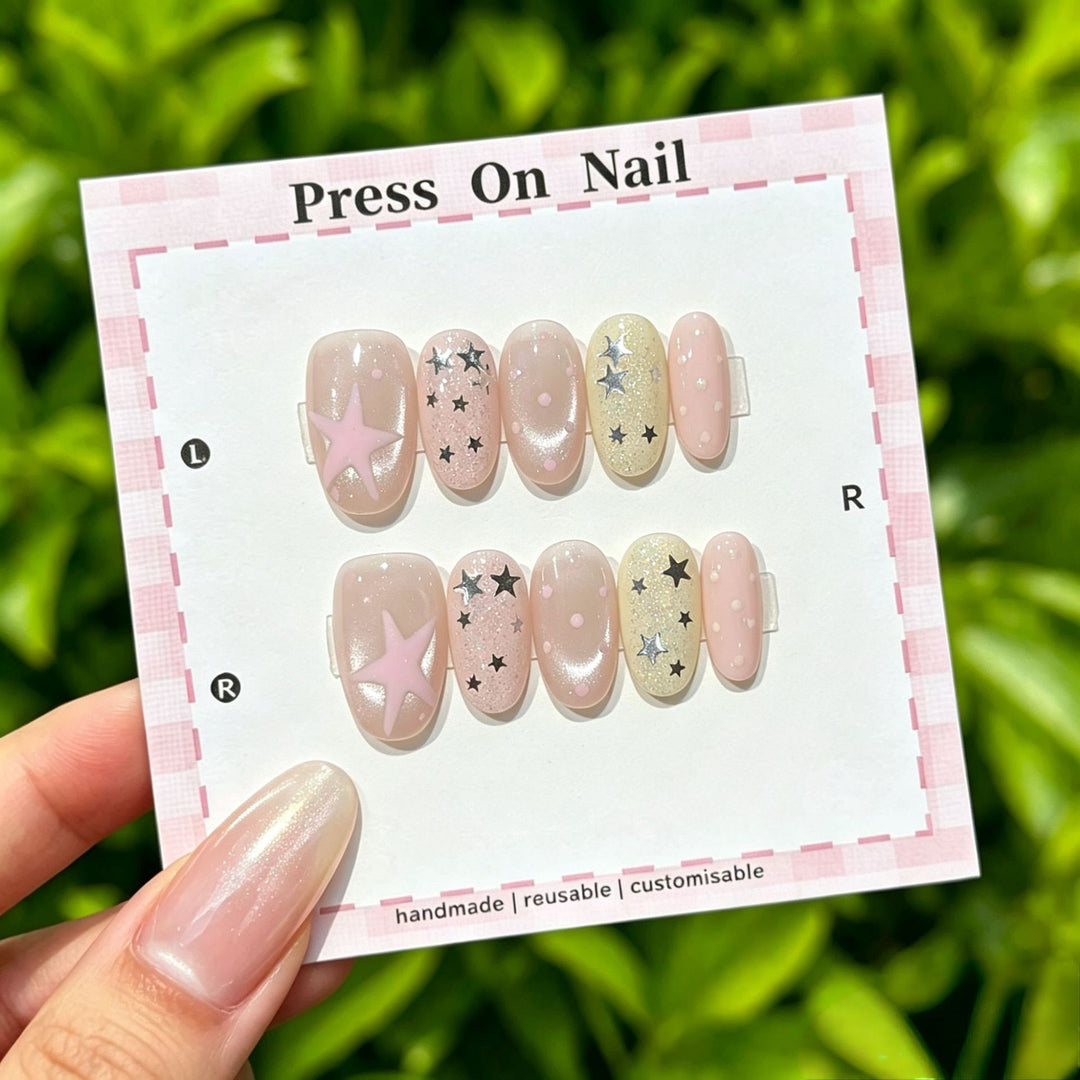 Artistic Press-On Nail Art Set with Star and Floral Accents