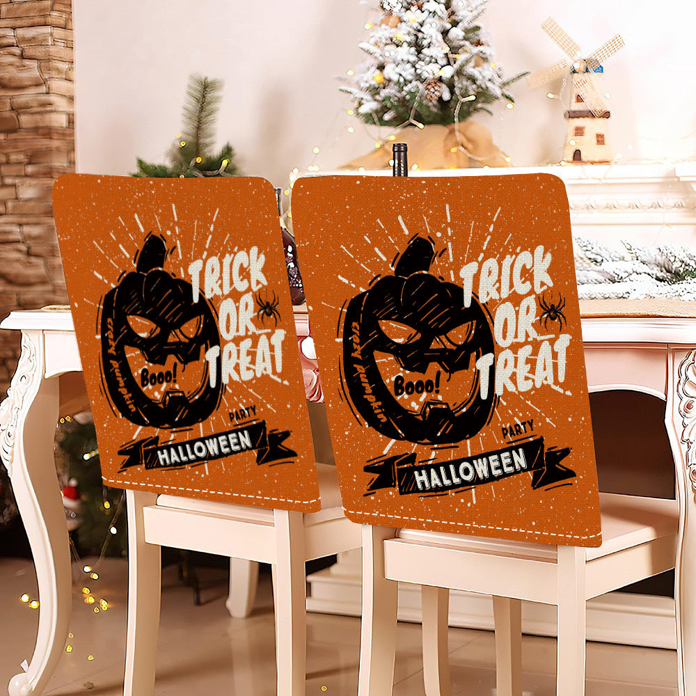 festive Halloween chair covers made of stretchable polyester with witch hat and lettering design