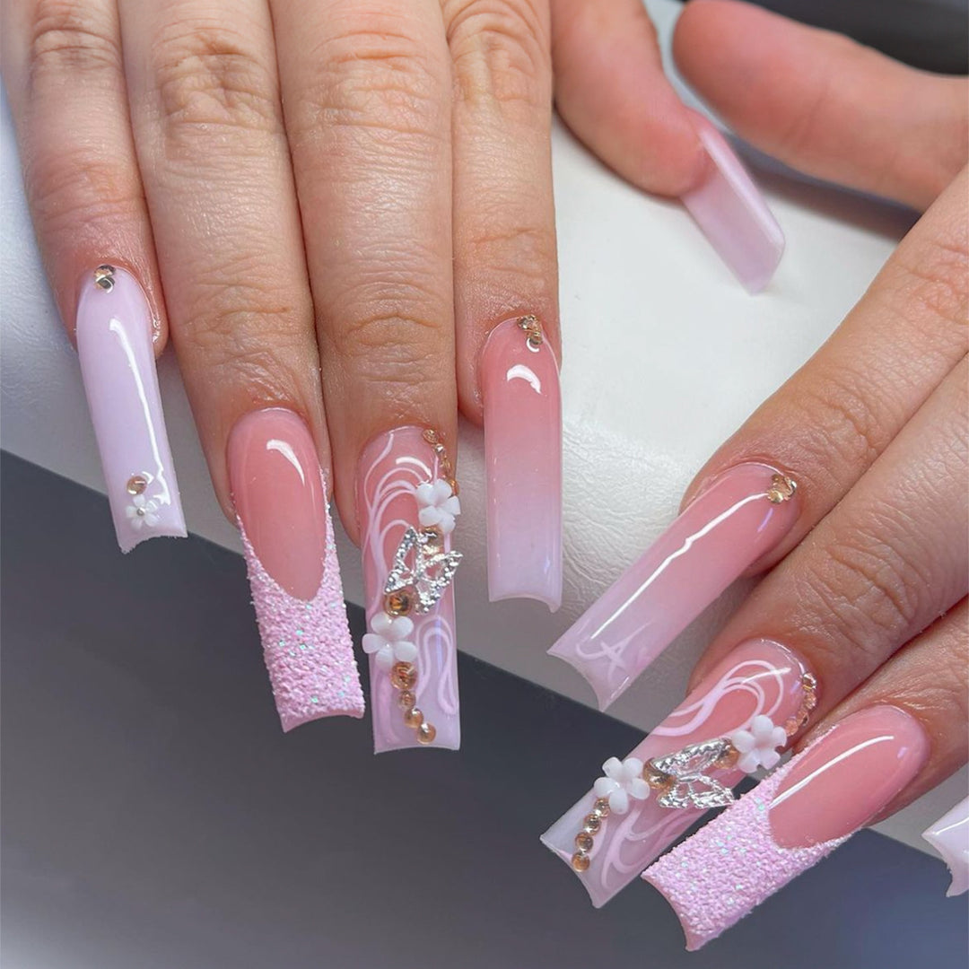 Floral and Glitter Stiletto Press-On Nails Kalsten