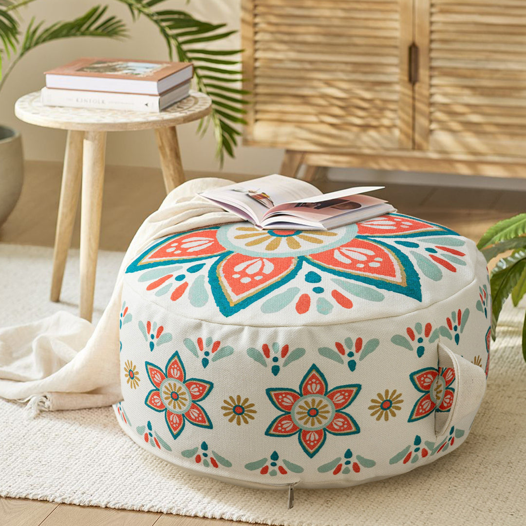 Round seat pouf with woven cotton cover and ethnic mandala print Kalsten
