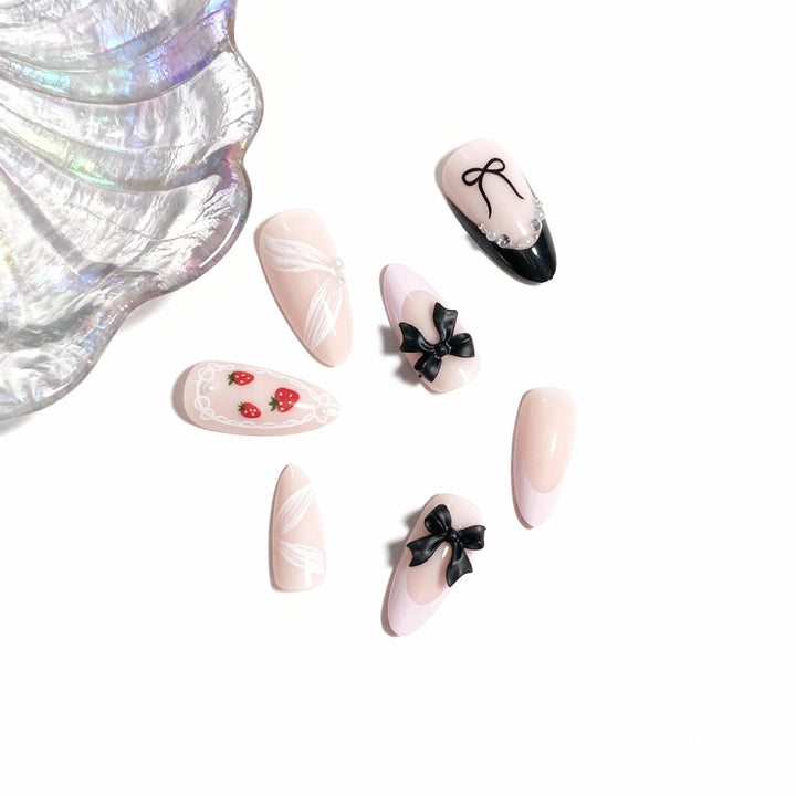 Artistic Press-On Nail Set with Bow and Berry Design Kalsten