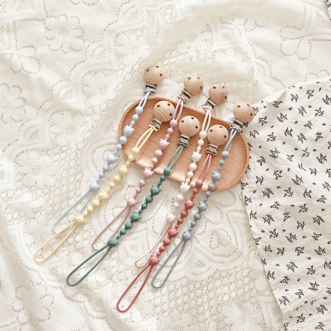 Baby Silicone Bead Teething Pacifier Clip with Wooden Safety Clip