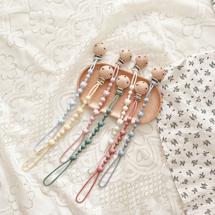 Baby Silicone Bead Teething Pacifier Clip with Wooden Safety Clip