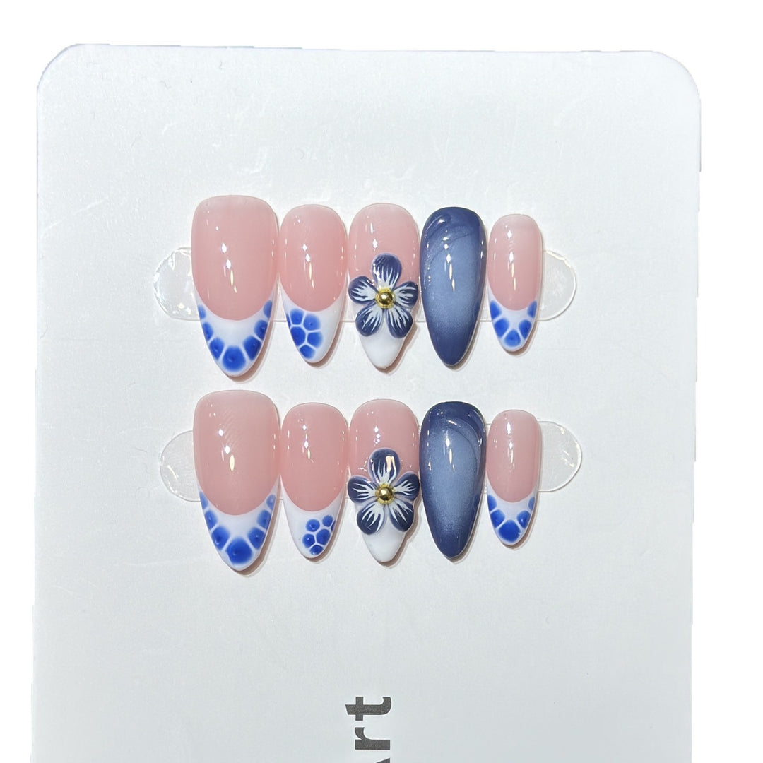 Artistic Press-On Nail Set with Floral and Geometric Accents Kalsten