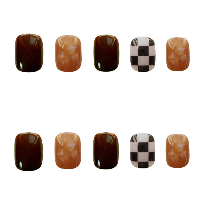 Artistic Press-On Nails with Marble and Checkerboard Design