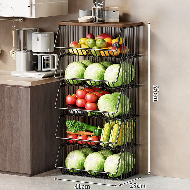Multi-Tier Rolling Kitchen Fruit and Vegetable Storage Cart with Wood Top
