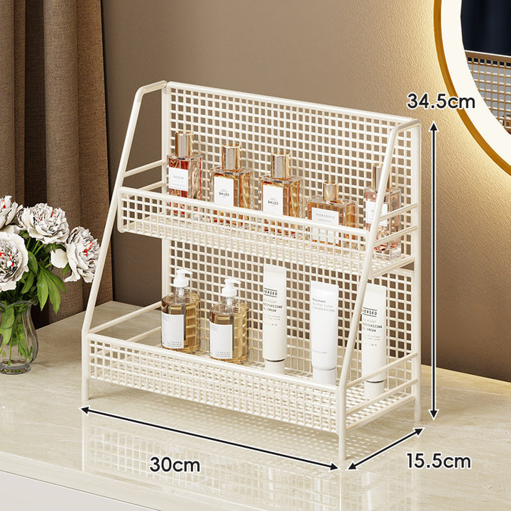 Two-Tier Metal Grid Countertop Vanity Organizer Shelf with Raised Front Lip