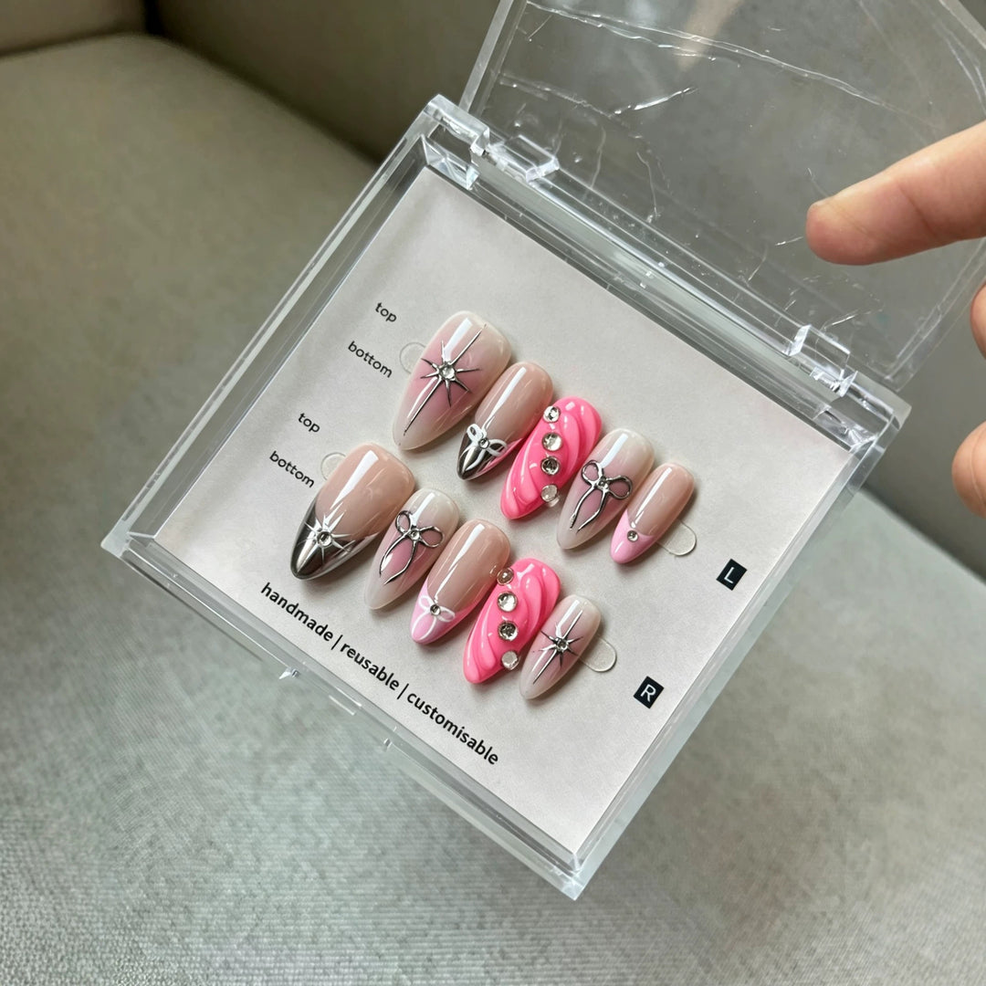 Artistic Press-On Nail Art Set with Gem Details