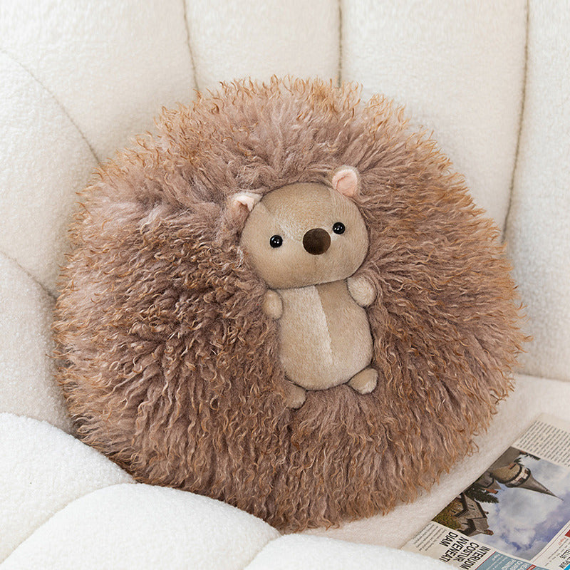 Round Curly Faux-Fur Decorative Cushion with Center Plush Hedgehog Kalsten