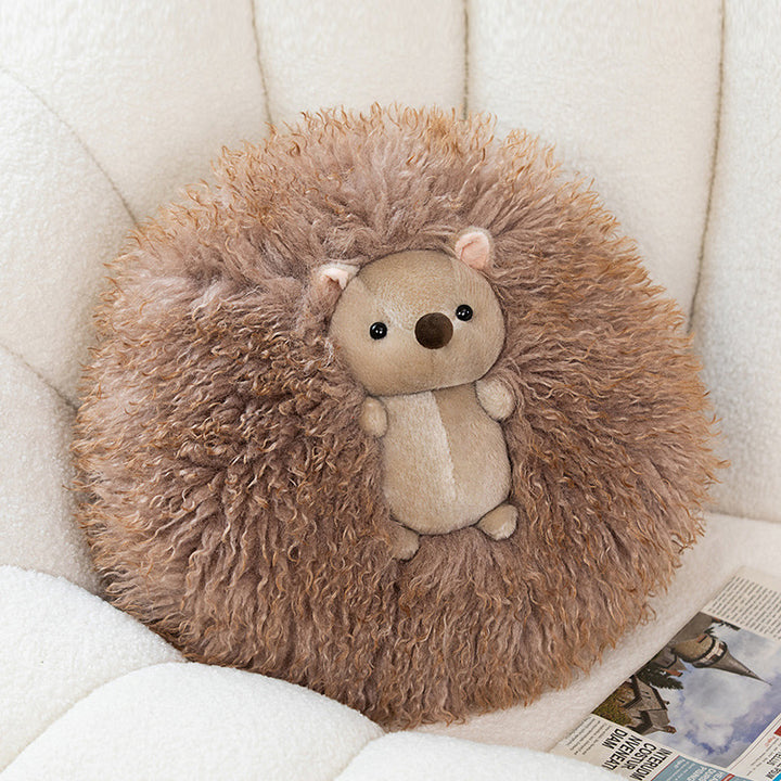 Round Curly Faux-Fur Decorative Cushion with Center Plush Hedgehog Kalsten
