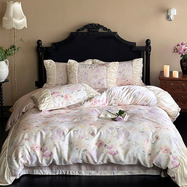Elegant satin bedding set with watercolor floral pattern, ruffles and gathered pillowcases