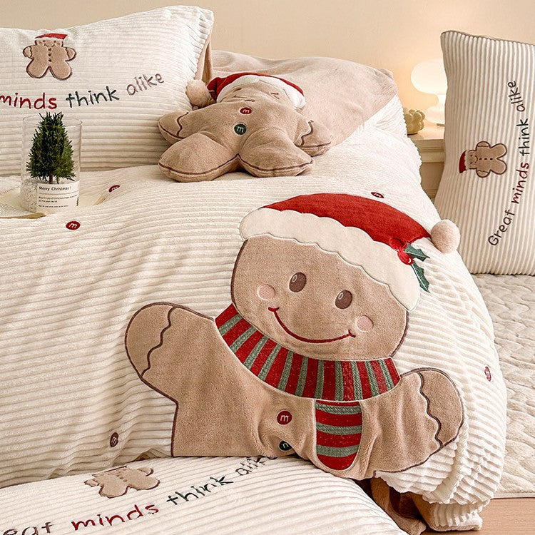 Cozy winter bedding set with embroidered gingerbread motif and velvety structure
