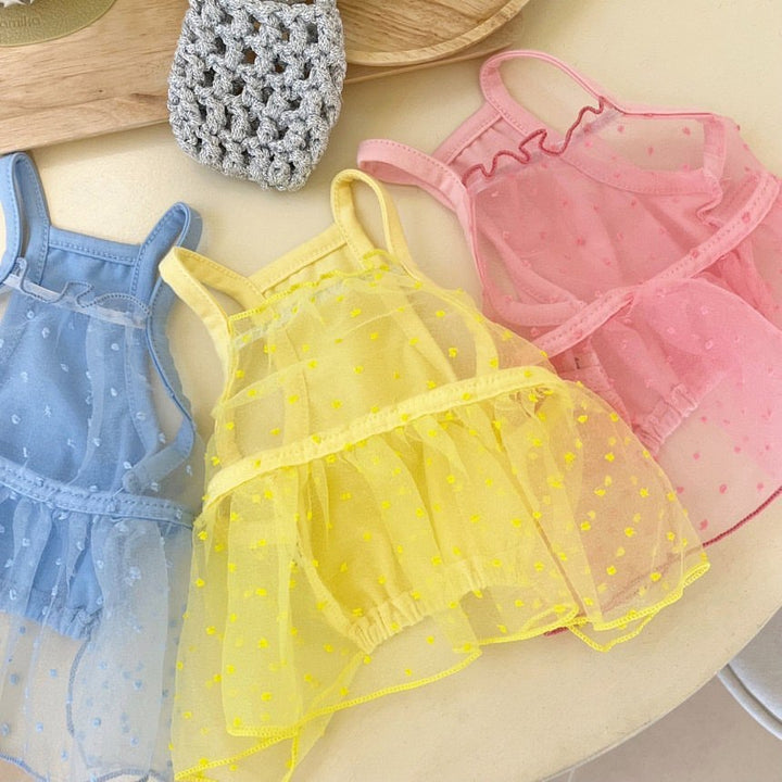 Sheer Organza Polka Dot Pet Dress with Ruffled Hem and Harness Slot